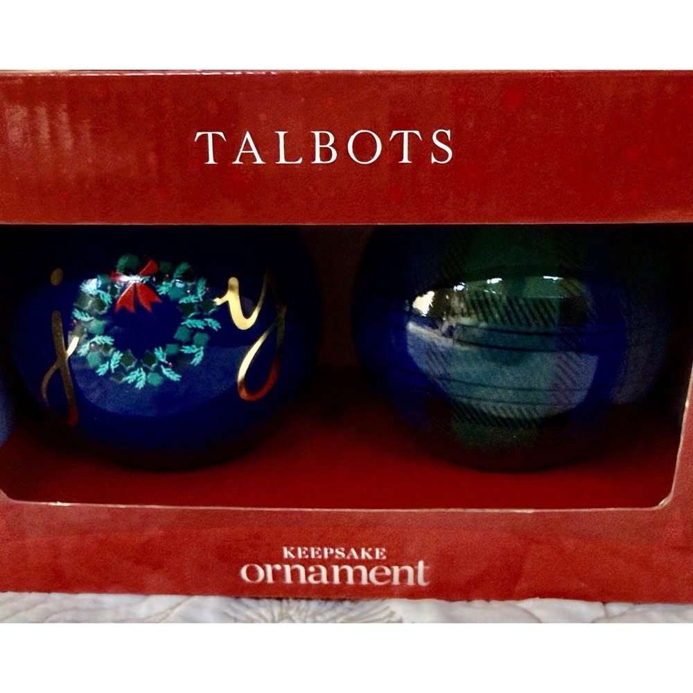 Talbots Joyful Christmas Ornaments Set of 2 Blue Plaid Tartan Decorations In Box